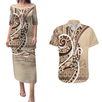 Samoa Siapo Classic Motif Couples Matching Puletasi and Hawaiian Shirt Manuia le tutoatasi o Samoa Independence LT7 Beige - Polynesian Pride