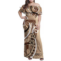 Samoa Siapo Classic Motif Family Matching Off Shoulder Maxi Dress and Hawaiian Shirt Manuia le tutoatasi o Samoa Independence LT7 Mom's Dress Beige - Polynesian Pride