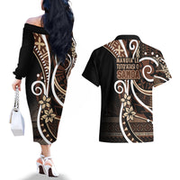 Samoa Siapo Classic Motif Couples Matching Off The Shoulder Long Sleeve Dress and Hawaiian Shirt Manuia le tutoatasi o Samoa Independence Black Style LT7 - Polynesian Pride