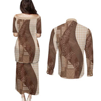 Polynesian Tribal Pattern Patchwork Picturesque Couples Matching Puletasi and Long Sleeve Button Shirt Mocha