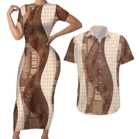 Polynesian Tribal Pattern Patchwork Picturesque Couples Matching Short Sleeve Bodycon Dress and Hawaiian Shirt Mocha