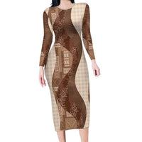 Polynesian Tribal Pattern Patchwork Picturesque Family Matching Long Sleeve Bodycon Dress and Hawaiian Shirt Mocha LT7 Mom's Dress Mocha - Polynesian Pride