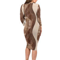Polynesian Tribal Pattern Patchwork Picturesque Family Matching Long Sleeve Bodycon Dress and Hawaiian Shirt Mocha LT7 - Polynesian Pride