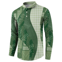 Polynesian Tribal Pattern Patchwork Picturesque Button Sweatshirt Sage Green
