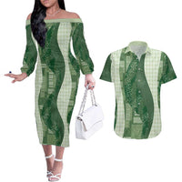 Polynesian Tribal Pattern Patchwork Picturesque Couples Matching Off The Shoulder Long Sleeve Dress and Hawaiian Shirt Sage Green