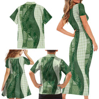 Polynesian Tribal Pattern Patchwork Picturesque Family Matching Short Sleeve Bodycon Dress and Hawaiian Shirt Sage Green LT7 - Polynesian Pride