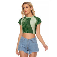 Polynesian Tribal Pattern Patchwork Picturesque Raglan Cropped T Shirt Sage Green