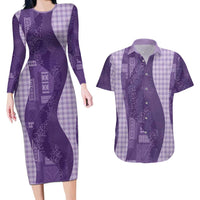Polynesian Tribal Pattern Patchwork Picturesque Couples Matching Long Sleeve Bodycon Dress and Hawaiian Shirt Deep Violet