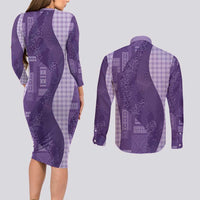 Polynesian Tribal Pattern Patchwork Picturesque Couples Matching Long Sleeve Bodycon Dress and Long Sleeve Button Shirt Deep Violet
