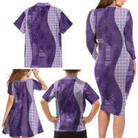 Polynesian Tribal Pattern Patchwork Picturesque Family Matching Long Sleeve Bodycon Dress and Hawaiian Shirt Deep Violet