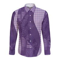 Polynesian Tribal Pattern Patchwork Picturesque Long Sleeve Button Shirt Deep Violet