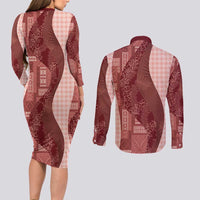 Polynesian Tribal Pattern Patchwork Picturesque Couples Matching Long Sleeve Bodycon Dress and Long Sleeve Button Shirt Crimson