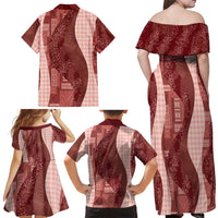 Polynesian Tribal Pattern Patchwork Picturesque Family Matching Off Shoulder Maxi Dress and Hawaiian Shirt Crimson