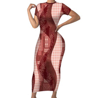 Polynesian Tribal Pattern Patchwork Picturesque Family Matching Short Sleeve Bodycon Dress and Hawaiian Shirt Crimson LT7 Mom's Dress Crimson - Polynesian Pride