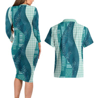 Polynesian Tribal Pattern Patchwork Picturesque Couples Matching Long Sleeve Bodycon Dress and Hawaiian Shirt Oceanic