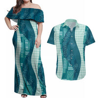 Polynesian Tribal Pattern Patchwork Picturesque Couples Matching Off Shoulder Maxi Dress and Hawaiian Shirt Oceanic
