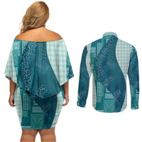 Polynesian Tribal Pattern Patchwork Picturesque Couples Matching Off Shoulder Short Dress and Long Sleeve Button Shirt Oceanic