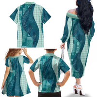 Polynesian Tribal Pattern Patchwork Picturesque Family Matching Off The Shoulder Long Sleeve Dress and Hawaiian Shirt Oceanic LT7 - Polynesian Pride