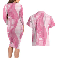 Polynesian Tribal Pattern Patchwork Picturesque Couples Matching Long Sleeve Bodycon Dress and Hawaiian Shirt Rose Pink