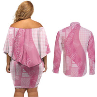Polynesian Tribal Pattern Patchwork Picturesque Couples Matching Off Shoulder Short Dress and Long Sleeve Button Shirt Rose Pink