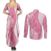 Polynesian Tribal Pattern Patchwork Picturesque Couples Matching Summer Maxi Dress and Long Sleeve Button Shirt Rose Pink
