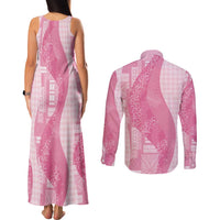 Polynesian Tribal Pattern Patchwork Picturesque Couples Matching Tank Maxi Dress and Long Sleeve Button Shirt Rose Pink