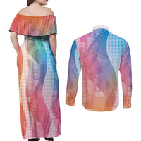 Polynesian Tribal Pattern Patchwork Picturesque Couples Matching Off Shoulder Maxi Dress and Long Sleeve Button Shirt Holographic