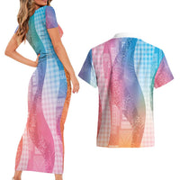 Polynesian Tribal Pattern Patchwork Picturesque Couples Matching Short Sleeve Bodycon Dress and Hawaiian Shirt Holographic