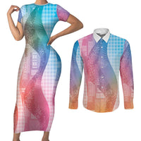 Polynesian Tribal Pattern Patchwork Picturesque Couples Matching Short Sleeve Bodycon Dress and Long Sleeve Button Shirt Holographic