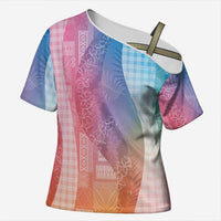 Polynesian Tribal Pattern Patchwork Picturesque Cross Shoulder Shirt Holographic