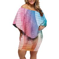 Polynesian Tribal Pattern Patchwork Picturesque Family Matching Off Shoulder Short Dress and Hawaiian Shirt Holographic LT7 Mom's Dress Holographic - Polynesian Pride