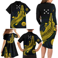 Personalized Solomon Islands Independence Anniversary Family Matching Long Sleeve Bodycon Dress and Hawaiian Shirt Crocodile Mix Tapa LT7 - Polynesian Pride