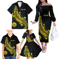 Personalized Solomon Islands Independence Anniversary Family Matching Off The Shoulder Long Sleeve Dress and Hawaiian Shirt Crocodile Mix Tapa LT7 - Polynesian Pride