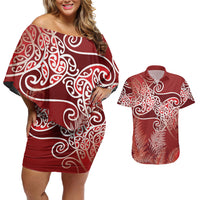 Aotearoa Maori Koru Curves Couples Matching Off Shoulder Short Dress and Hawaiian Shirt Silver Ferns - Crimson Red LT7 Red - Polynesian Pride