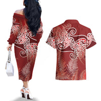 Aotearoa Maori Koru Curves Couples Matching Off The Shoulder Long Sleeve Dress and Hawaiian Shirt Silver Ferns - Crimson Red LT7 - Polynesian Pride