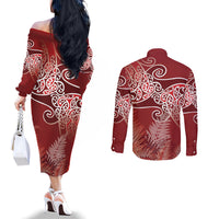 Aotearoa Maori Koru Curves Couples Matching Off The Shoulder Long Sleeve Dress and Long Sleeve Button Shirt Silver Ferns - Crimson Red LT7 - Polynesian Pride