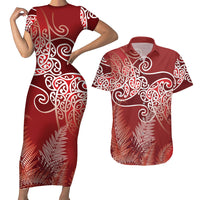 Aotearoa Maori Koru Curves Couples Matching Short Sleeve Bodycon Dress and Hawaiian Shirt Silver Ferns - Crimson Red LT7 Red - Polynesian Pride