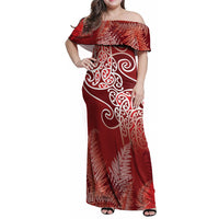 Aotearoa Maori Koru Curves Family Matching Off Shoulder Maxi Dress and Hawaiian Shirt Silver Ferns - Crimson Red LT7 Mom's Dress Red - Polynesian Pride