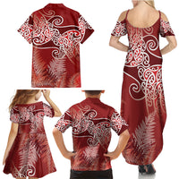 Aotearoa Maori Koru Curves Family Matching Summer Maxi Dress and Hawaiian Shirt Silver Ferns - Crimson Red LT7 - Polynesian Pride