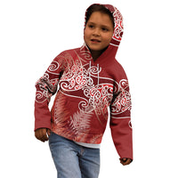 Aotearoa Maori Koru Curves Kid Hoodie Silver Ferns - Crimson Red