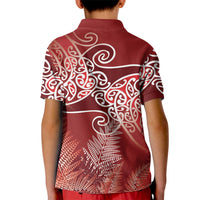 Aotearoa Maori Koru Curves Kid Polo Shirt Silver Ferns - Crimson Red