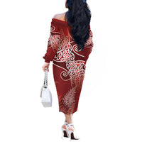Aotearoa Maori Koru Curves Off The Shoulder Long Sleeve Dress Silver Ferns - Crimson Red