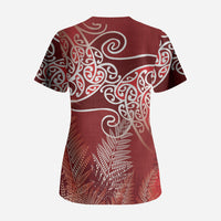 Aotearoa Maori Koru Curves Scrub Top Silver Ferns - Crimson Red