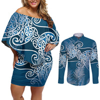 Aotearoa Maori Koru Curves Couples Matching Off Shoulder Short Dress and Long Sleeve Button Shirt Silver Ferns - Navy Blue