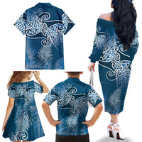 Aotearoa Maori Koru Curves Family Matching Off The Shoulder Long Sleeve Dress and Hawaiian Shirt Silver Ferns - Navy Blue LT7 - Polynesian Pride