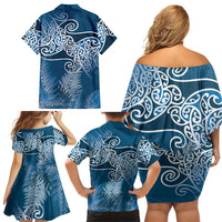 Aotearoa Maori Koru Curves Family Matching Off Shoulder Short Dress and Hawaiian Shirt Silver Ferns - Navy Blue LT7 - Polynesian Pride