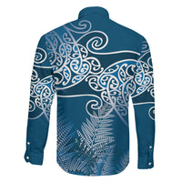 Aotearoa Maori Koru Curves Family Matching Off Shoulder Short Dress and Hawaiian Shirt Silver Ferns - Navy Blue LT7 - Polynesian Pride
