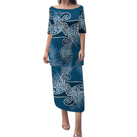 Aotearoa Maori Koru Curves Family Matching Puletasi and Hawaiian Shirt Silver Ferns - Navy Blue LT7 Mom's Dress Navy Blue - Polynesian Pride