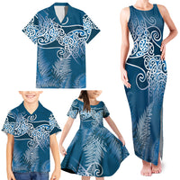Aotearoa Maori Koru Curves Family Matching Tank Maxi Dress and Hawaiian Shirt Silver Ferns - Navy Blue LT7 - Polynesian Pride