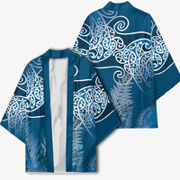 Aotearoa Maori Koru Curves Kimono Silver Ferns - Navy Blue